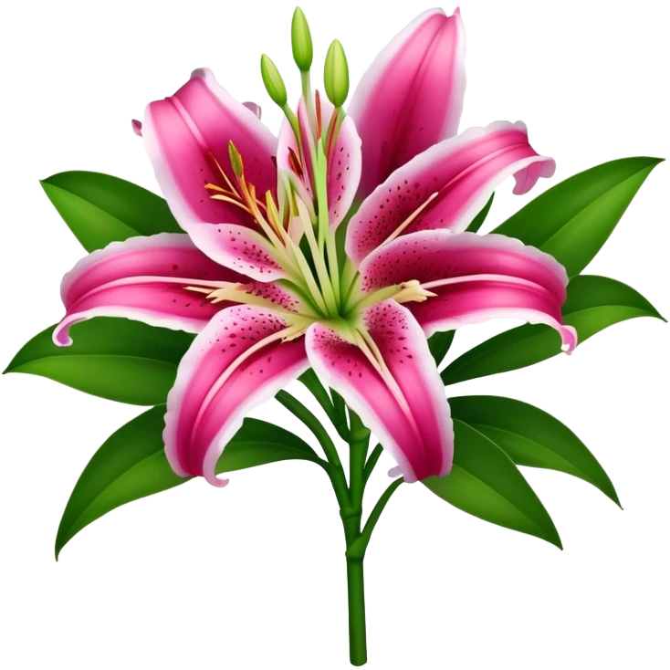 bouquet Deep Pink Oriental Lily with White Edge, luxuriant, leaf, bud emoji