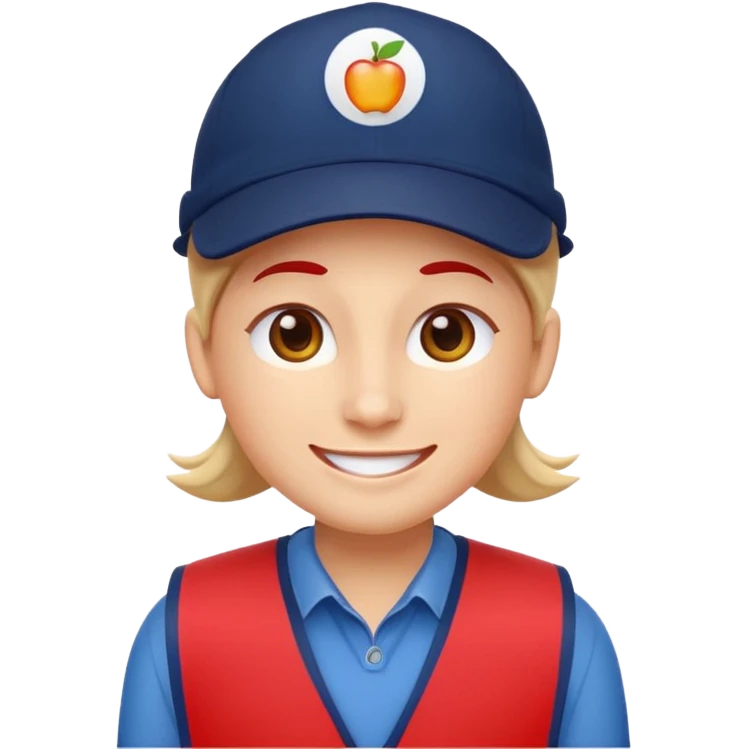 cheerful emoji-style Lowe’s associate, Apple emoji look, flat vector, front view, red vest, navy blue cap, rounded face, soft smile, simple dot eyes, no text or logos, clean background, minimalist and polished emoji