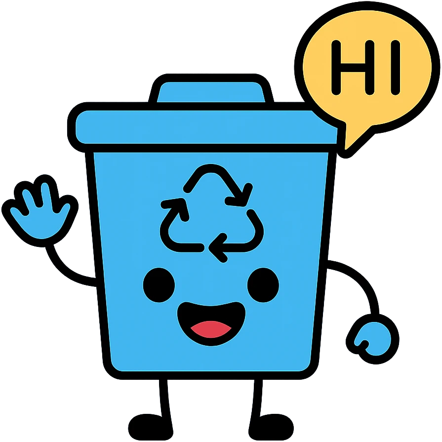 blue recycling bin with a big smile, saying 'hi' in a speech bubble emoji
