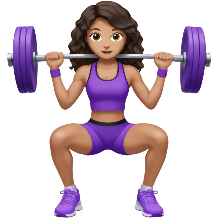 mujer de tez trigueña, con cabello castaño oscuro ondulado con pequeñas ondas, con el cabello super largo hasta las rodillas estilizado, con ropa deportiva morada/lila, tenis blancos deportivos y levantando una pesa emoji