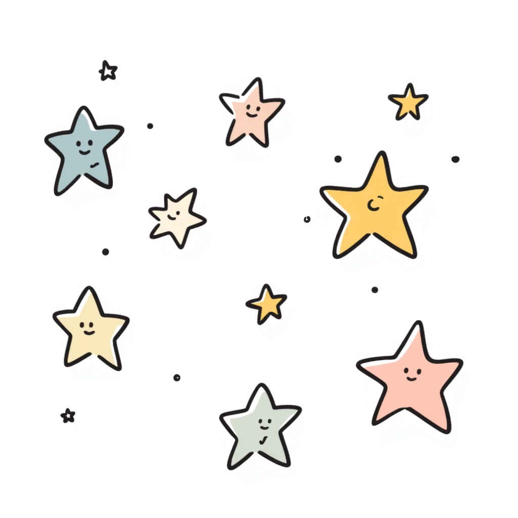 multiple stars in different sizes and shapes in pastel colors dd9fb0, ffc6d3, a3bfc9, c4bee2, f1b091, hand-drawn doodle style emoji