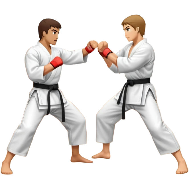 An icon representing traditional Karate, featuring two opponents in a martial arts dojo. One is performing a powerful punch, while the other defends with a block. The background showcases a classic dojo setting with wooden floors and sliding doors. Transparent background emoji