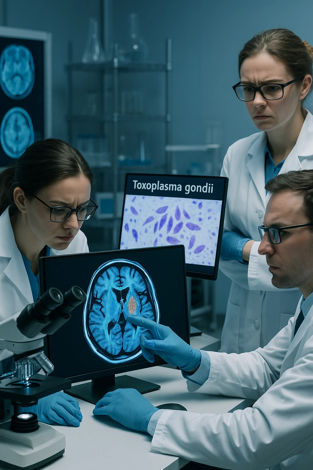 scienziati che studiano il toxoplasma gondii e le reazioni al cervello su umani emoji