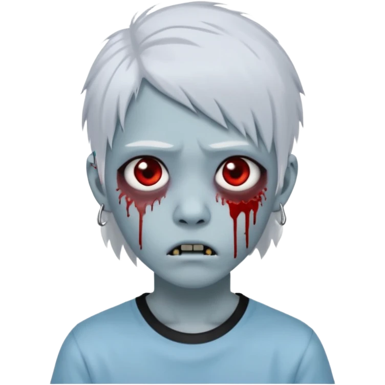 Create a 3D emoji-style avatar with very pale blue-grey zombie skin like the reference image, a young Asian face, and large eyes with blood tears. Give it white mullet-style hair, silver hoop earrings, and a simple black T-shirt. The expression should be neutral or slightly angry emoji
