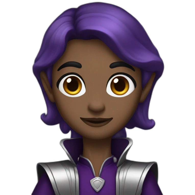 tall elf, long dark brown hair and eyebrows, wearing dark black & purple and silver outfit  emoji