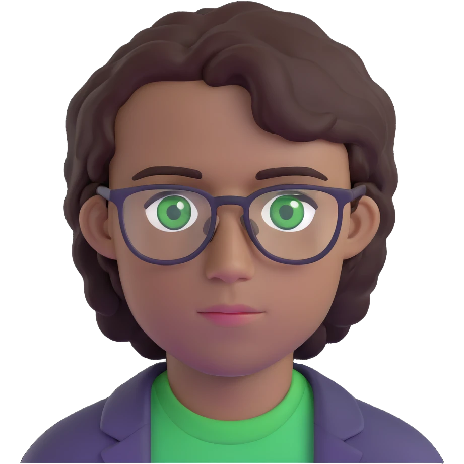 young man with dark slightly curled hair wearing glasses with green eyes emoji