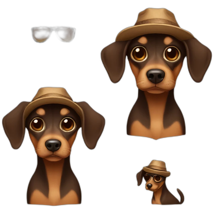 A dog with race of pincher nain with brown fur and with sunglasses and hat  emoji