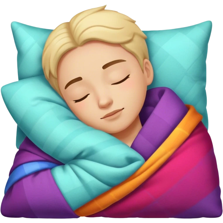 A sleeping person with a colorful pillow and cozy blanket emoji