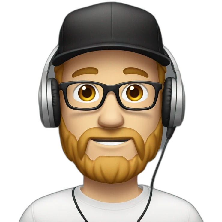 scruffy white man in a backwards baseball black hat and rectangle glasses wearing headphones with microphone - light brown hair emoji