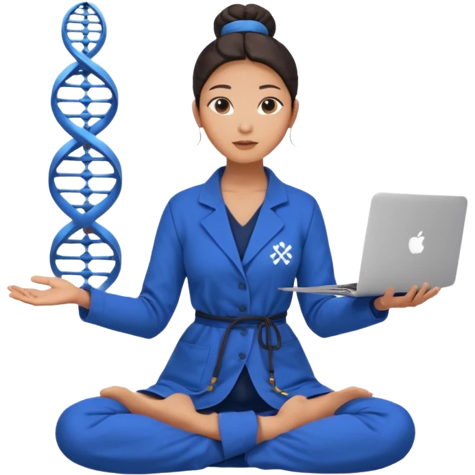 emoji of an asian woman with a single bun in a long blue labcoat sitting cross legged with dna levitating above one hand and an macbook above the other hand emoji