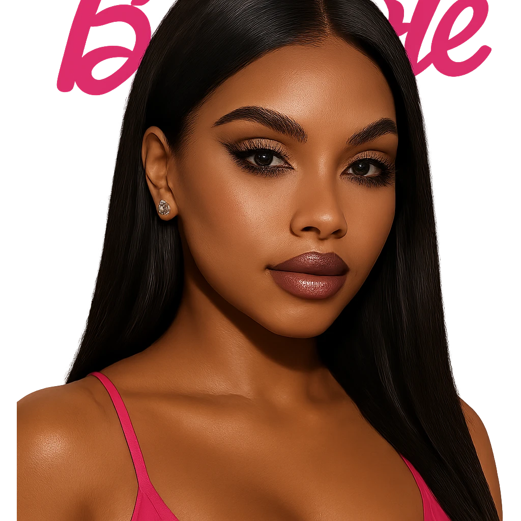 pretty Barbie baddie with black straight hair, brown skin, pretty makeup, dark brown eyes, gold stud earrings emoji