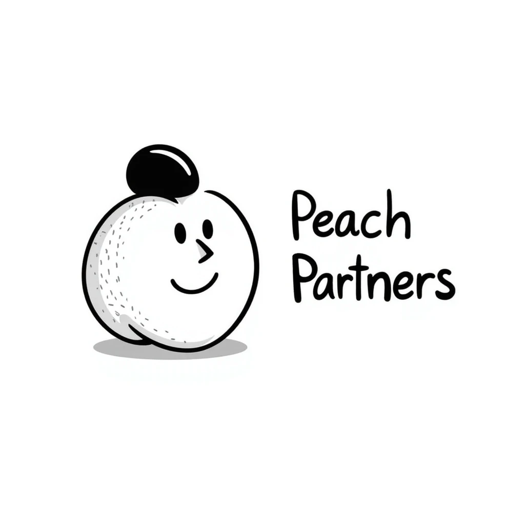 hand-drawn doodle of a playful peach with handwritten text 'Peach Partners' emoji