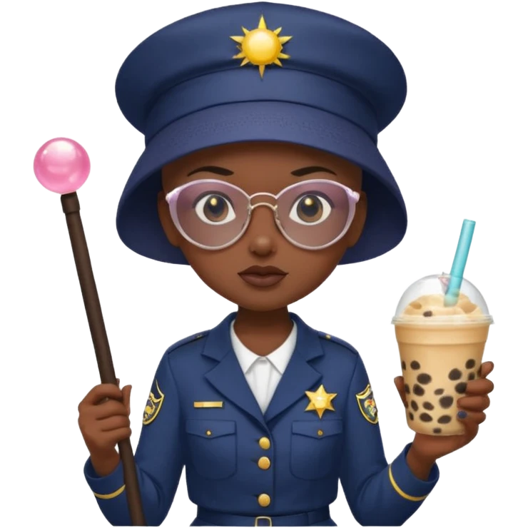 A Angry Teen Female with Dark skin and Bald, wearing a Uniform outfit, a Sunhat, Sunglasses, carrying a Enchanted staff, working as a teacher, while drinking Bubble tea and reading a Comic.
 emoji