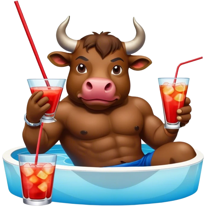 Бык сидит в бассейне и пьёт коктейль emoji