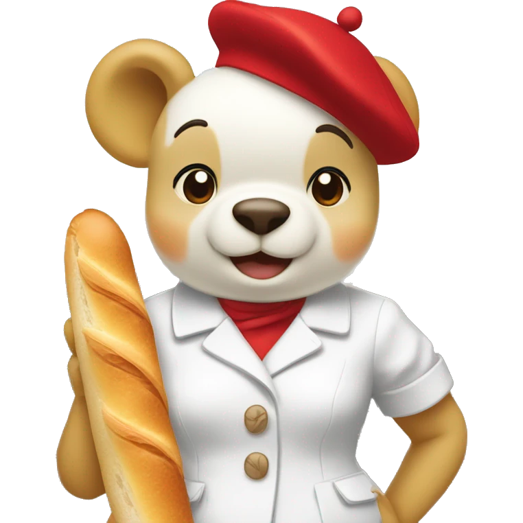 parisien style white pooh (female), with red beret on head and baguette in arms, and with eiffel tower in the background emoji