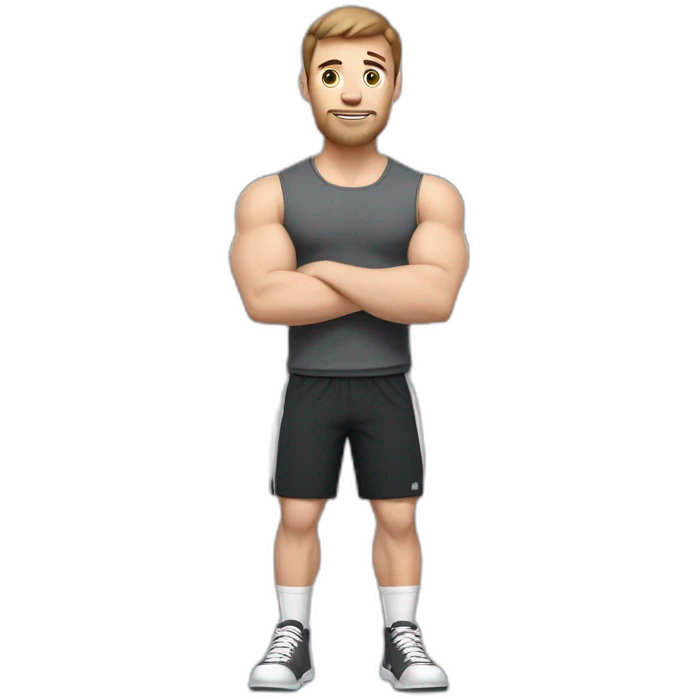 Close up Actively gesturing  with hands Pale skinned Fit Man With the biceps and brown hair in dark gray Sleeveless Mike, black oversize sports shorts, watch and white Sneakers emoji
