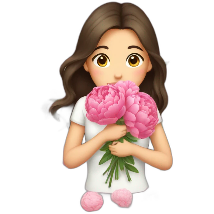 brunette girl smells flowers peonies emoji