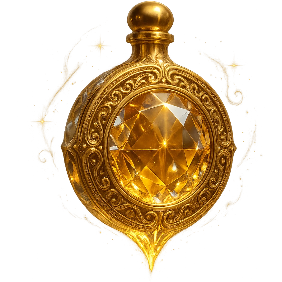 premium class crystal elixir bottle in coin shape, golden, lots of shine, edges, ornaments, magical effects, very small golden neck, transparent background, beautiful merging bottom, clearly floating in air, no base or shadow, very luxurious, matching the collection emoji