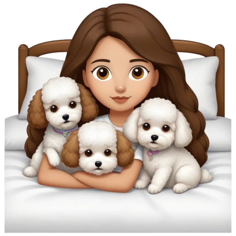 Olive skin girl with long brown hair in bed with three pure white bichon frise's in bed emoji