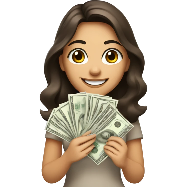 brunette girl with brown eyes with a beautiful smile holds paper dollars in her hands emoji