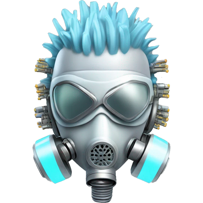 Light blue Mohawk female cyborg head with silver respirator mask and circuits emoji