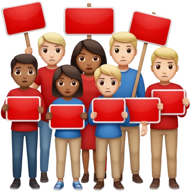 a crowd of people with unhappy faces and holding placards on which everything is crossed out in red emoji