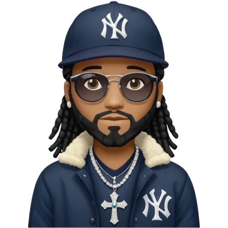 African American man with shoulder length black dreadlocks with black beard wearing black sunglasses wearing a New York Yankees logo baseball cap wearing a black bubble winter coat with diamond cross necklace on his neck emoji