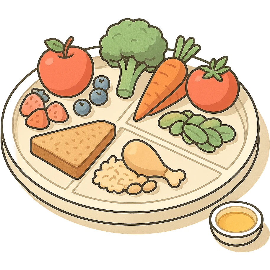 Harvard plate in isometric view, vegetables and fruits occupy half the plate, whole grains and proteins each occupy a quarter, small circle for oils on the side, very detailed drawing, shadows and highlights, clean contours, soft lighting, transparent background. emoji