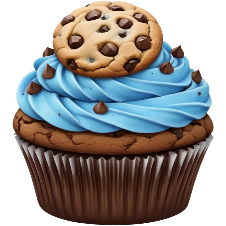 Chocolate cupcake with white and blue mixed frosting with a chocolate chip cookie on top  emoji