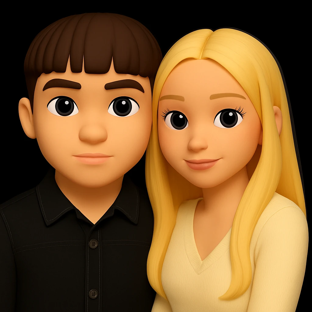 Change the skin color of the boy to match the skin color of the girl next to him, while preserving the 3d-emoji style and keeping everything else unchanged. emoji