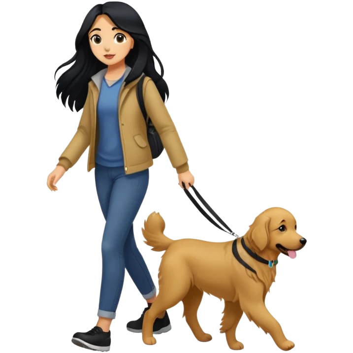 A girl with long black hair walking a black golden retriever emoji