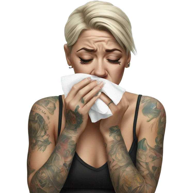 Hyper Realistic Beautiful tattooed woman crying holding a tissue   emoji