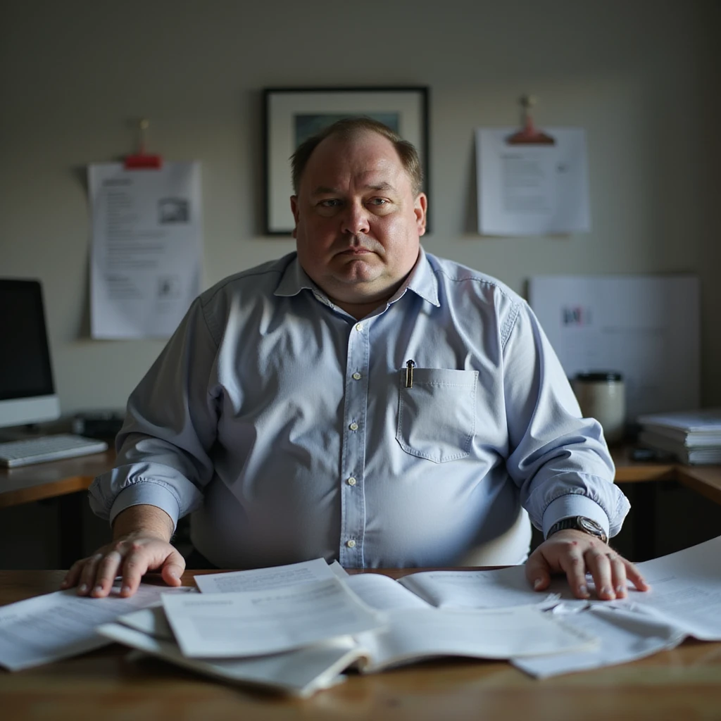 obese man with absent look in front of a pile of documents, office environment, hyperrealistic 4K details, realistic atmosphere, signs of mental difficulty emoji