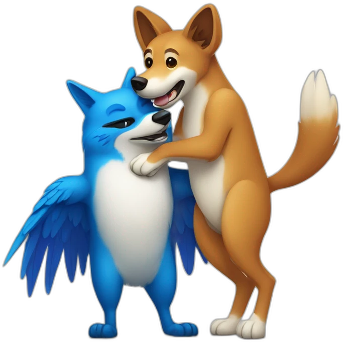Anthropomorphic dingo giving an anthropomorphic blue bird a hug emoji