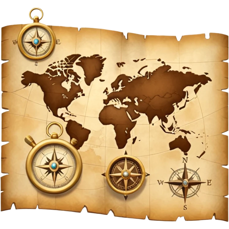 3D Brown golden map with Travel compass pointing to adventure emoji