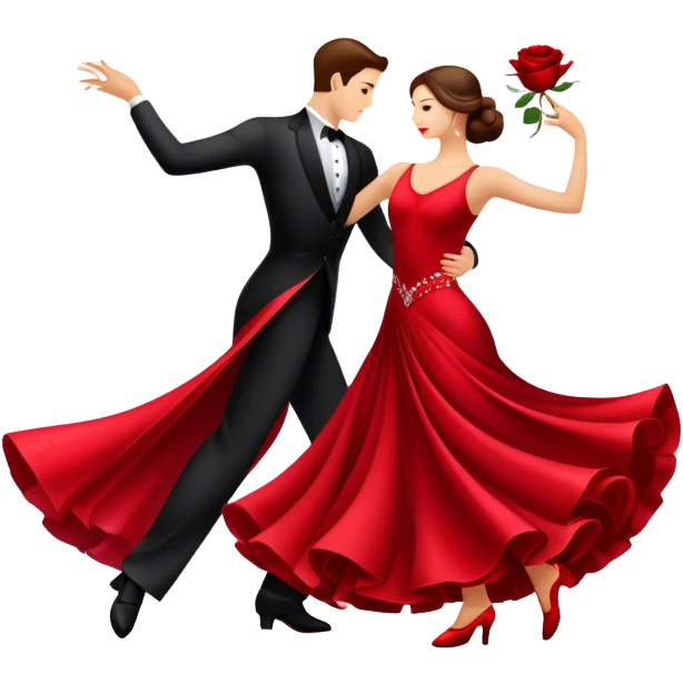 humanless Icon for Ballroom Dancing: a pair of ballroom dance shoes, a rose, a dance floor, a flowing, voluminous ballroom dress in motion, and a shining spotlight. The icon should represent the elegance and atmosphere of ballroom dancing, focusing on the attire and setting. Transparent background. emoji