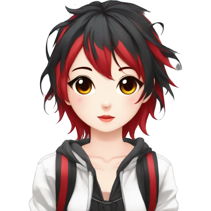Gorgeous anime style shojo character with blushing face aesthetic and pretty edgy black red punk hair with hair garment trending style emoji