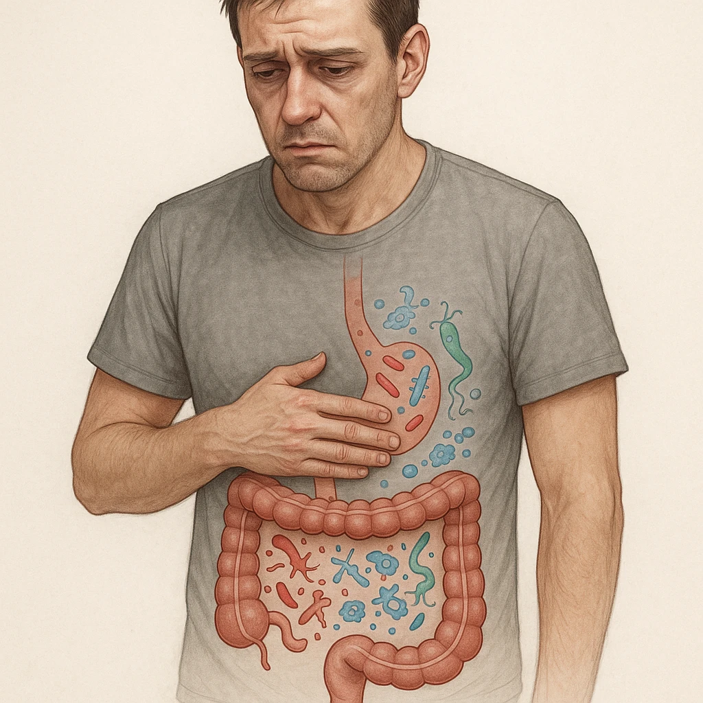 Realistic and medical style illustration of a 35-year-old man with hand on his stomach, tense and tired face, sunken eyes, dull skin. Transparent drawings on the abdomen of stylized parasites and bacteria in imbalance, schematic intestine as in a medical illustration. emoji