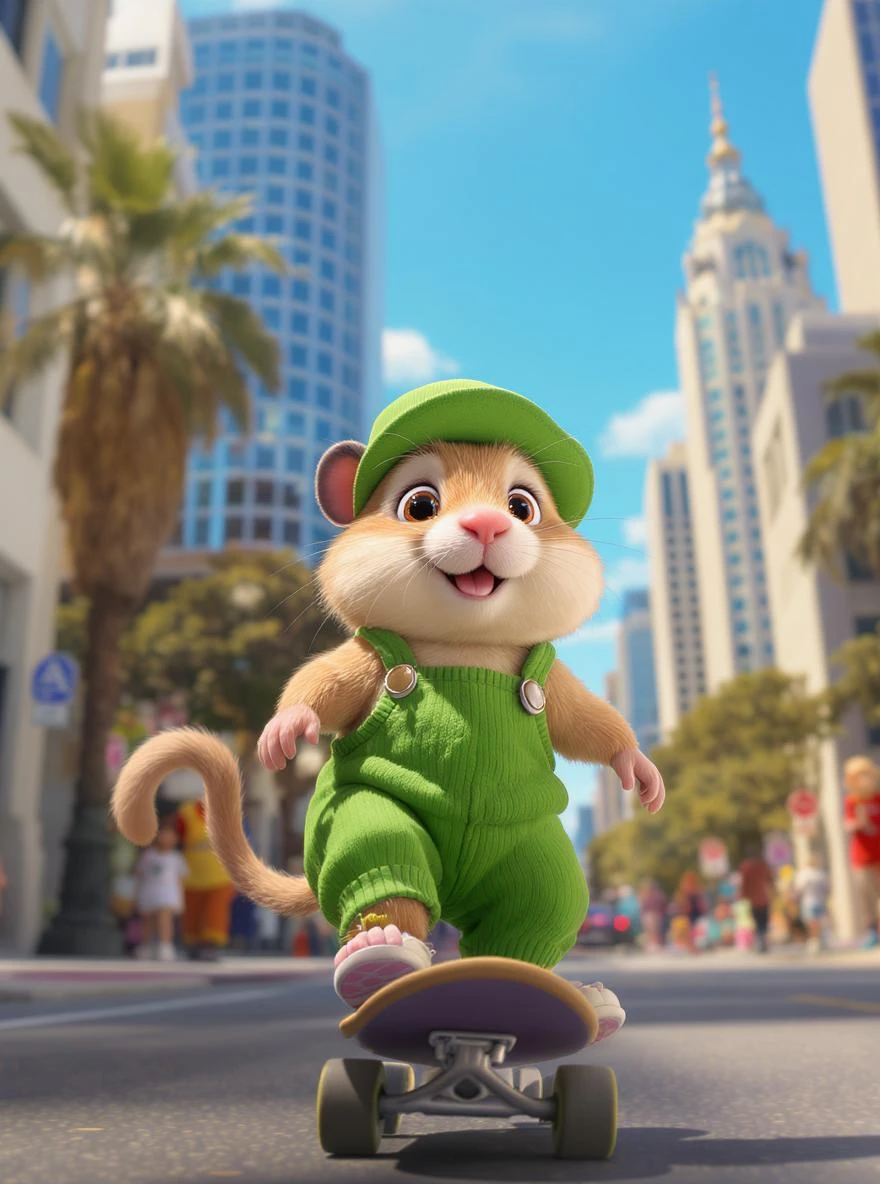 Disney style Cinematic still scane, Low angle shot, hamster dress in green outfit, monkey ride on skateboard, san francisno downtown with city lanscape, blue clean sky, captured by ARRI Alexa XT, soft cinematic lightning, back light, inspired by ToyStory 4 emoji
