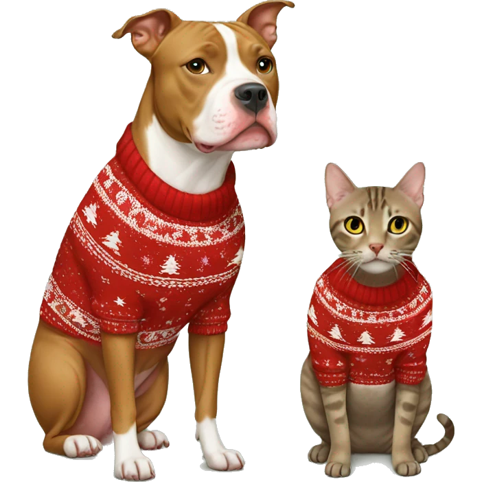 Tan pitbull and brown tabby cat in Christmas sweaters emoji