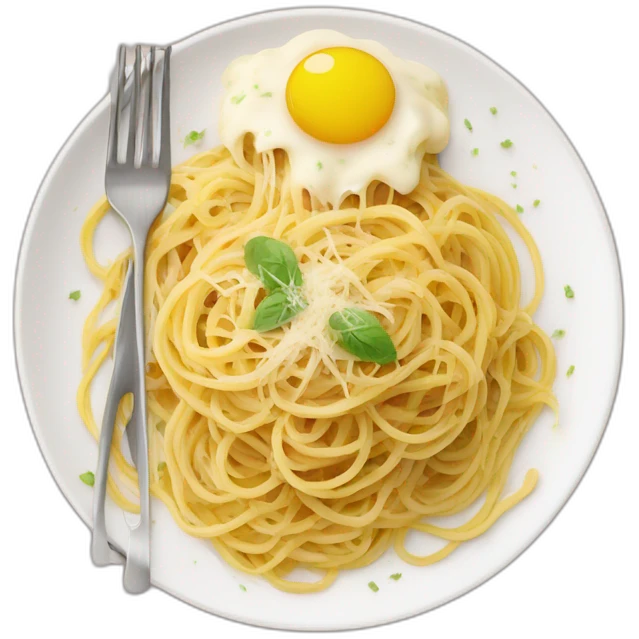 spaghetti carbonara sobre un plato grande y cubiertos para comer emoji