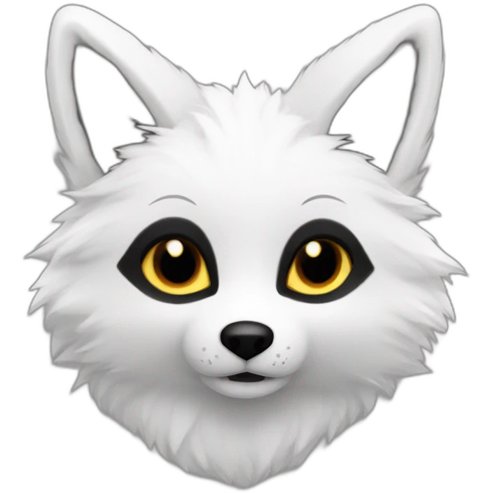 A white furry fox whit black inside ears and half bottom of ears, brown eyes and black white pupils and black arm socks fur like emoji