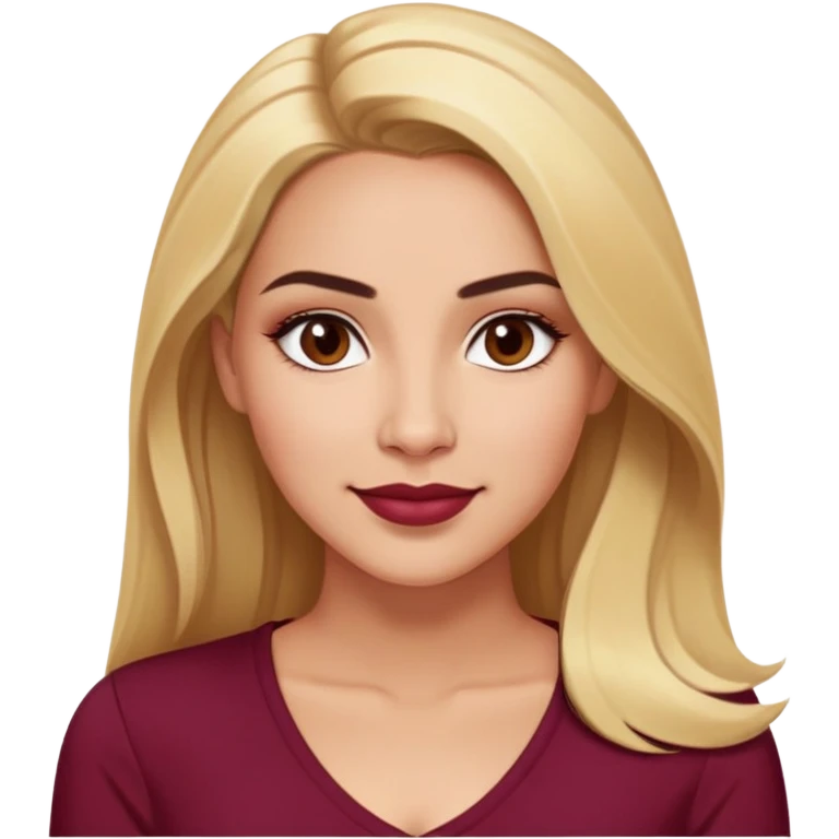Puerto Rican actress Linette Torres with warm light skin, attractive elegant features, expressive eyes, well-defined eyebrows, straight nose, friendly smile, long blonde hair, wearing a fashionable burgundy top emoji