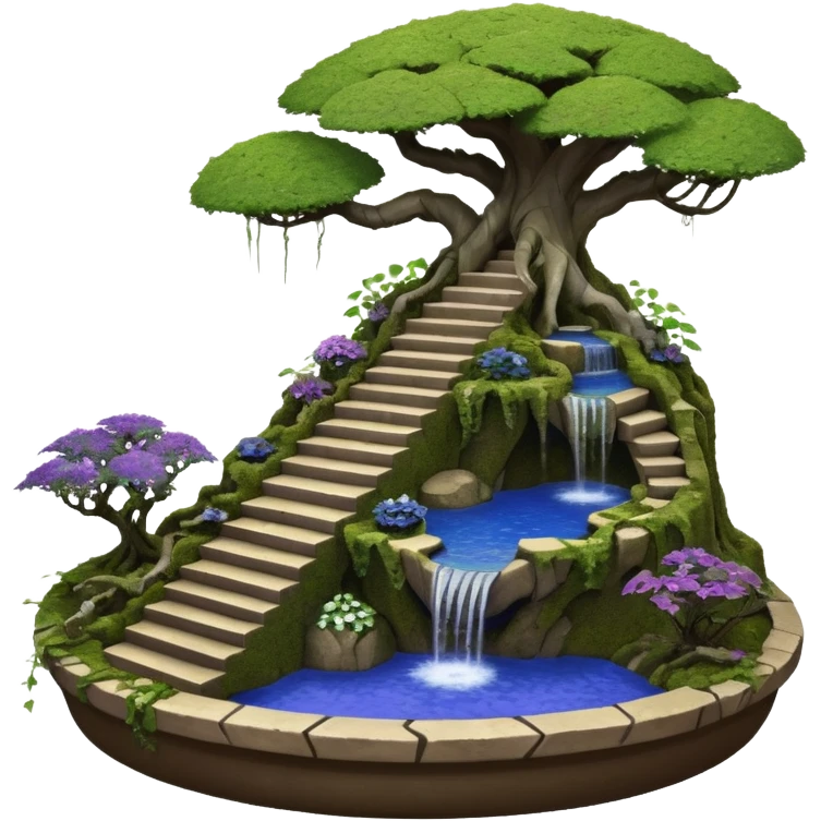 Alien saucer house jungle-vines precarious stairway fountain mountain-island landscape antique mudman very old broken cracked intricate Stone Age lapis-crusted irregular dodecagon-shaped shallow dark moss rough bark violet serissa flowered maple tree bonsai pot emoji