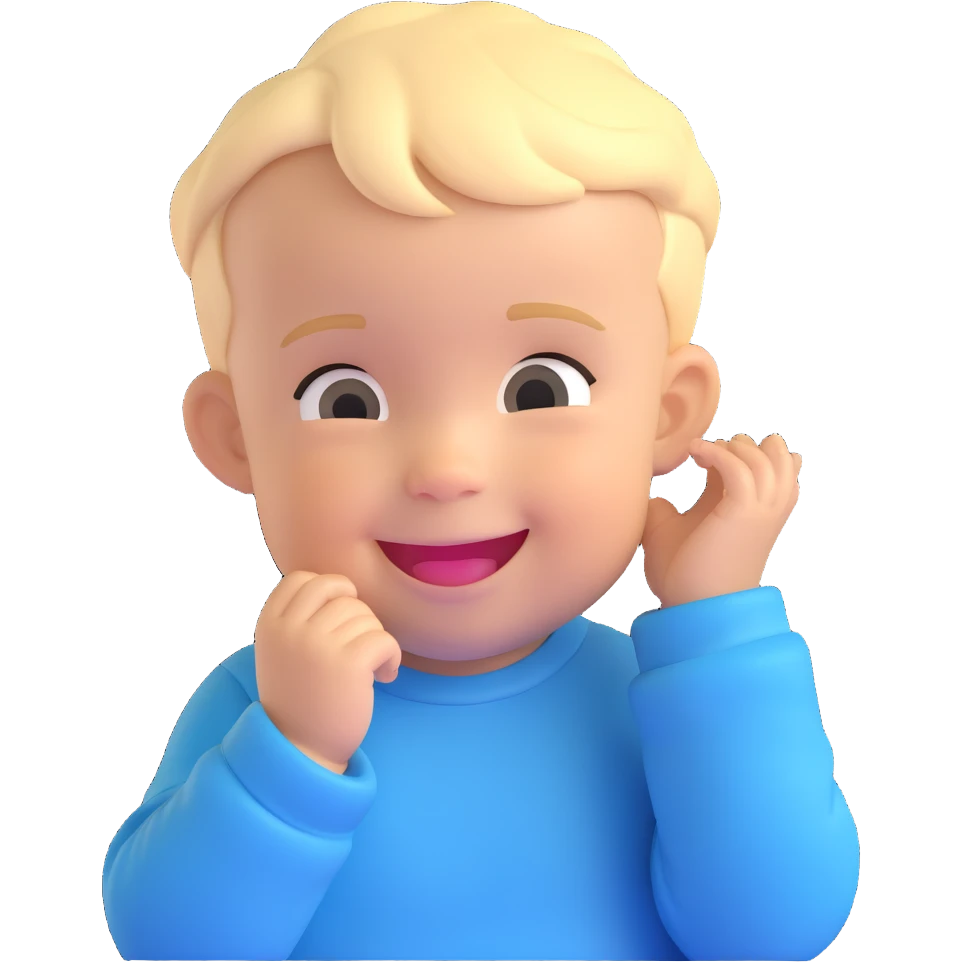 smiling baby boy with blonde hair, playful expression emoji