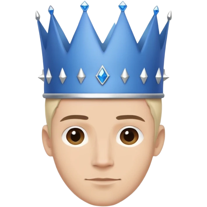 A friendly, clean-shaven young man wearing a large, plain blue crown bigger than his face. The crown has a wide base and small spikes, with no details or gems. Minimalist, modern style inspired by Apple aesthetics emoji