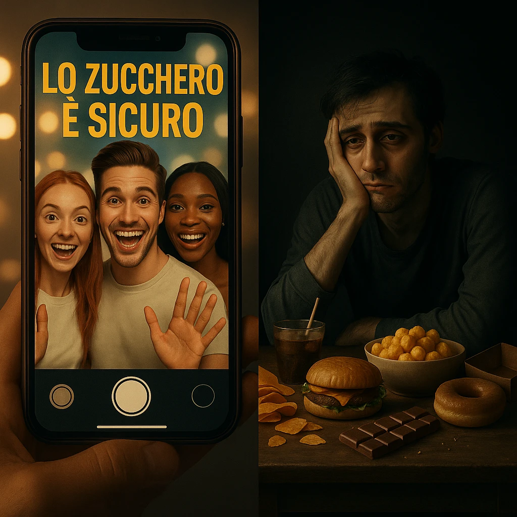 Symbolic split-screen scene: on one side, smiling and confident influencers on a smartphone enthusiastically say in Italian 'LO ZUCCHERO È SICURO' with bright lights, filters, and vivid colors; on the other side, a tired and bloated person surrounded by junk food in a dark and shadowy environment. Contrast between misinformation and hidden truth. Cinematic style, dual lighting (bright vs. dark), social critique tone. emoji
