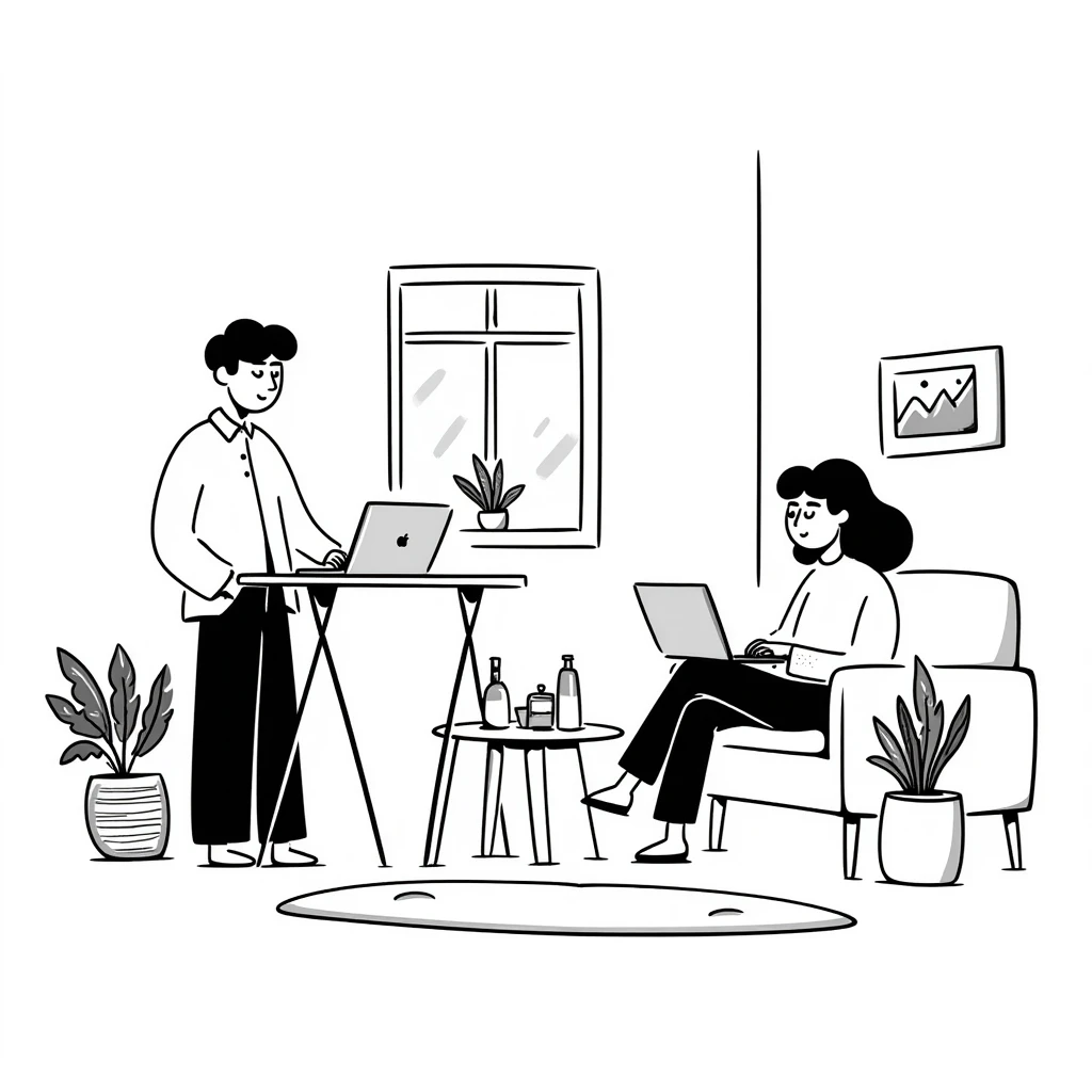 escenary 3d of a cozy mid-century living room with two people working on laptops, one man standing at a desk, and one woman sitting on a couch emoji