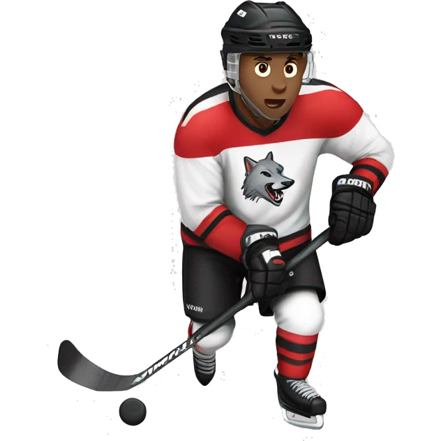 A wolf hockey player in a white red and black uniform holds a puck emoji