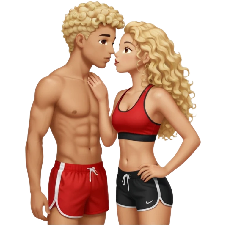 athletic man, high top fade, blonde curly hair only top only, no shirt and Athletic girl with long light red wavy long hair and black sports, Put them together kissing, or holding hands emoji